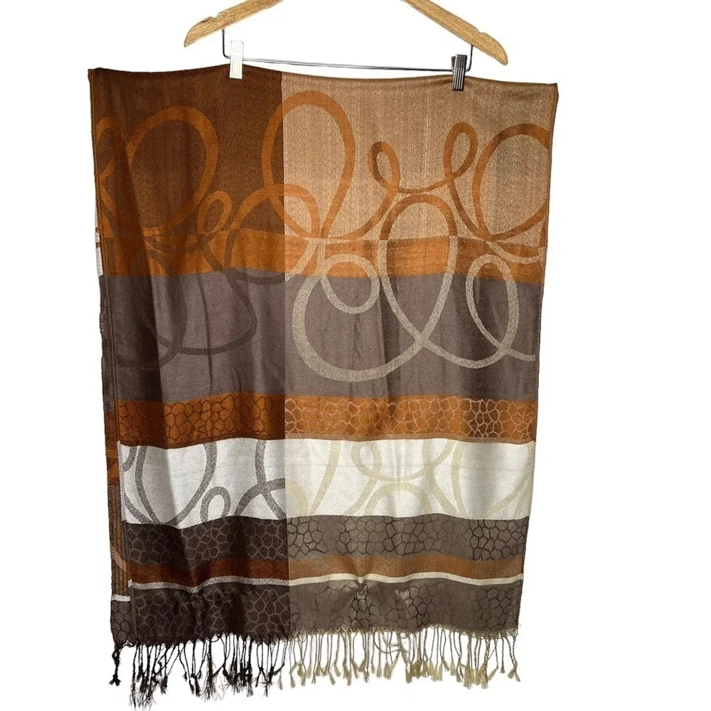 Women’s Brown Neutral Tones Color Block Fringe Faux Cashmere Scarf Shawl Wrap